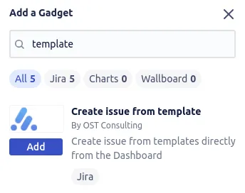 Adding the gadget from the Jira gadget panel, add a dashboard gadget
