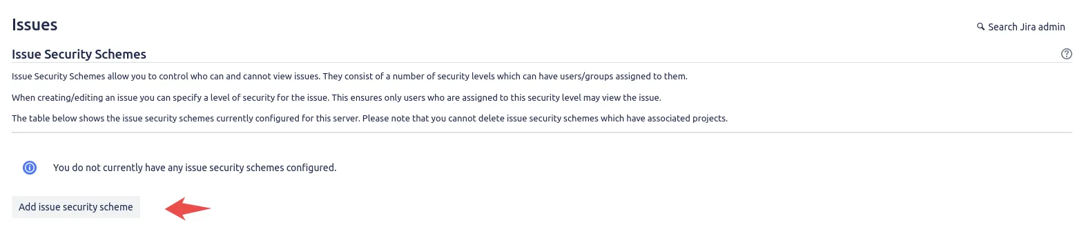 Add Issue Security Scheme dialog with name and description fields, create Jira security scheme