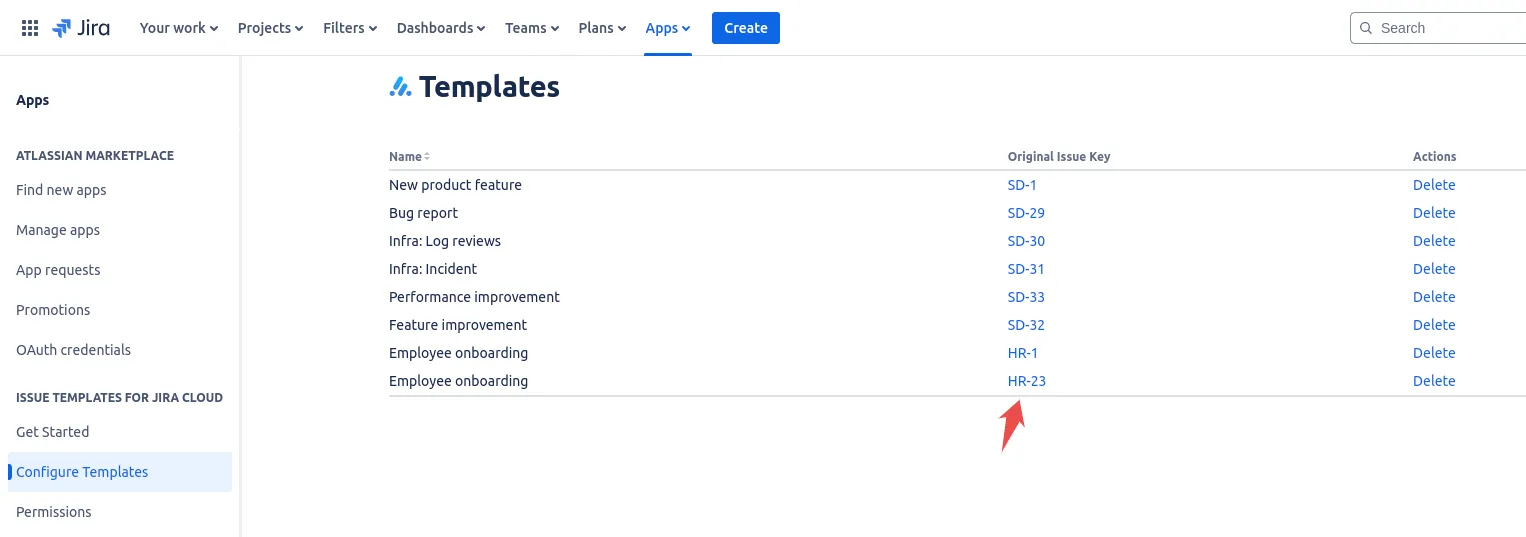 Configure Templates screen listing the issue template library grouped by project, manage Jira templates