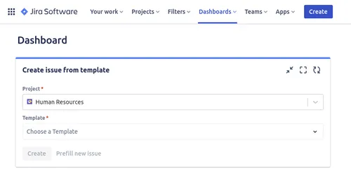 Create issue from template gadget on a Jira dashboard, Jira dashboard gadget