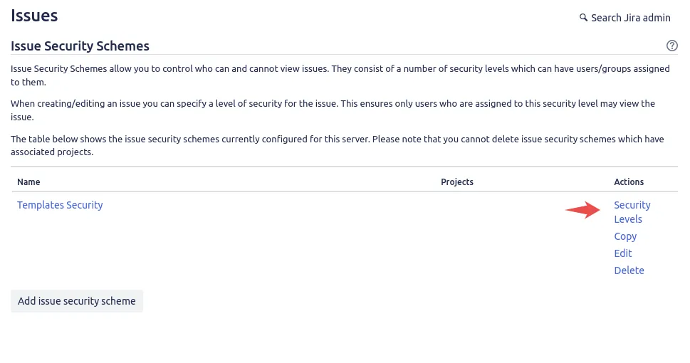 Defining security levels for an issue security scheme, Jira security levels configuration