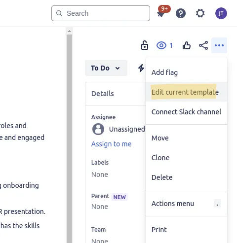 Three-dots issue menu showing the Edit current template action, edit Jira template from the issue