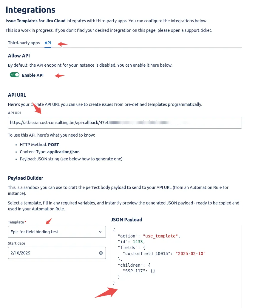 Integrations screen showing the API tab with Enable API toggled on, the private API URL, and the Payload Builder, Jira Automation webhook setup