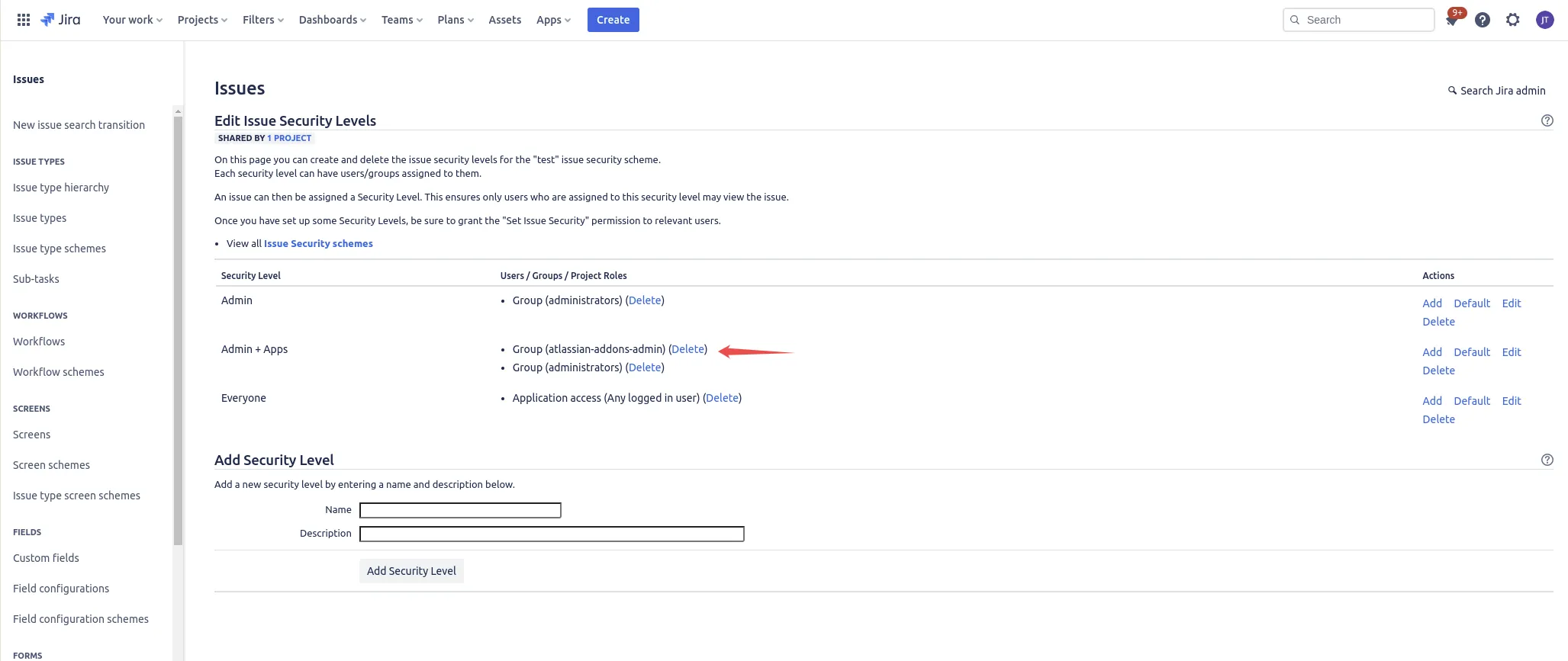 Issue Security Schemes list in Jira administration, Jira issue security scheme setup