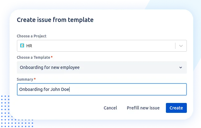 Process Templates for Jira surfaced from the Apps menu in Jira, create a Jira issue from a template