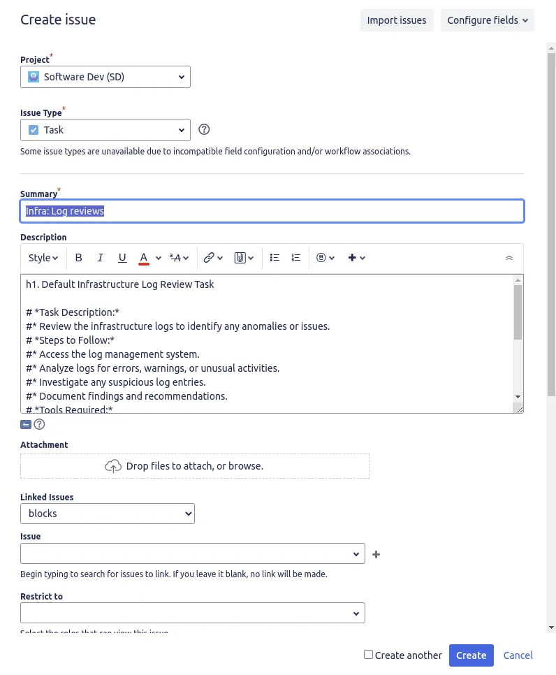 Jira native create-issue dialog opened with summary, description and fields pre-populated from a template, prefilled Jira create screen