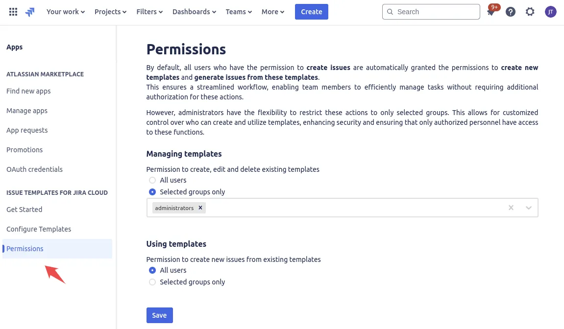 Permissions screen with managing and using template group controls, Jira template permissions