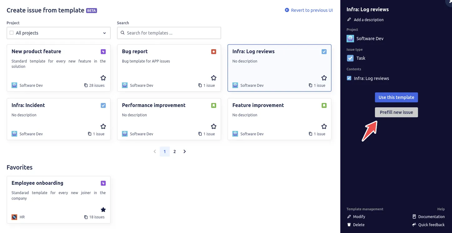 Issue Templates panel showing the Prefill new issues action next to Use this template, prefill Jira issue creation screen