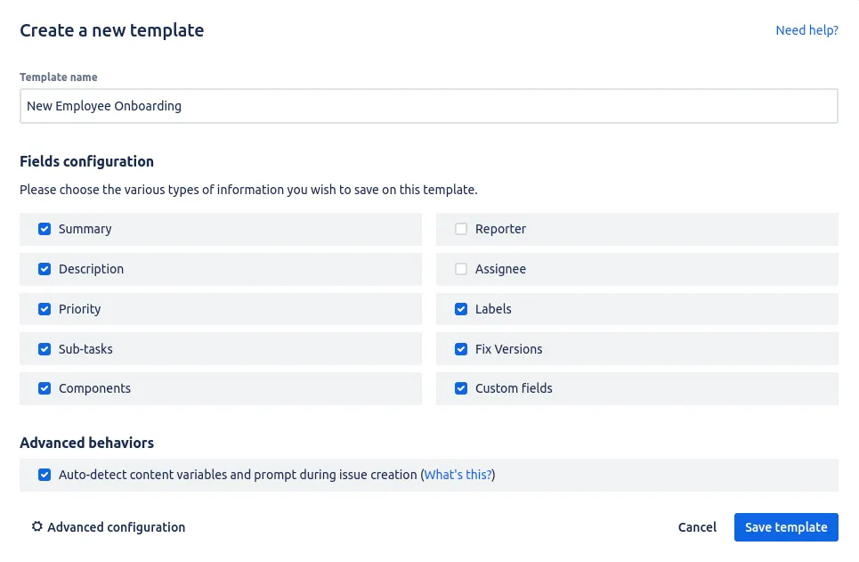 Naming and saving a new simple template in the Jira template editor, save a Jira issue template