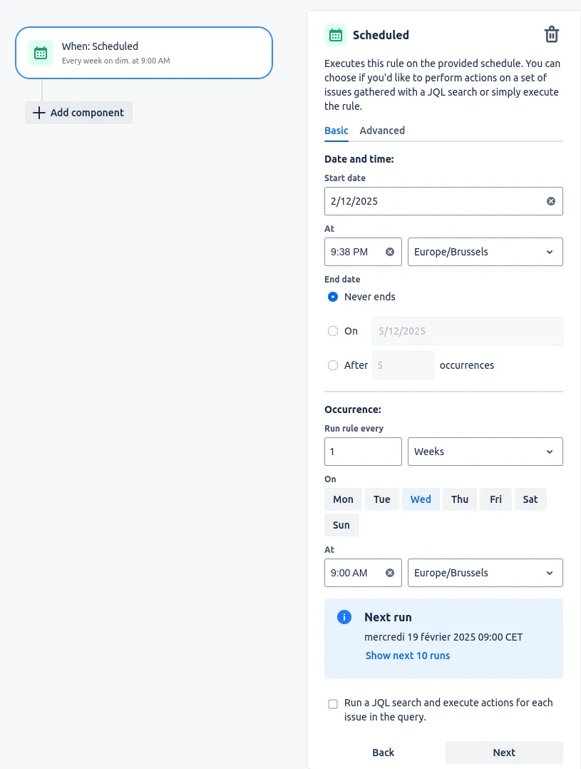 Jira Automation Scheduled trigger set to run weekly at 09:00 with start date, timezone, and occurrence options, recurring rule