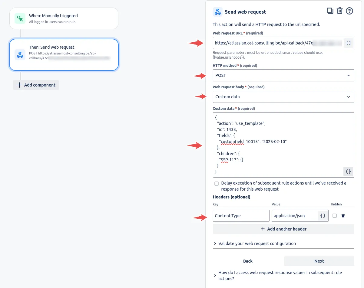 Jira Automation Send web request action configured with the private API URL, POST method, Custom data JSON body, and a Content-Type application/json header, webhook rule