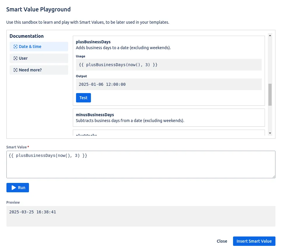 Smart Value Playground showing the expression reference and live test, Jira template smart values