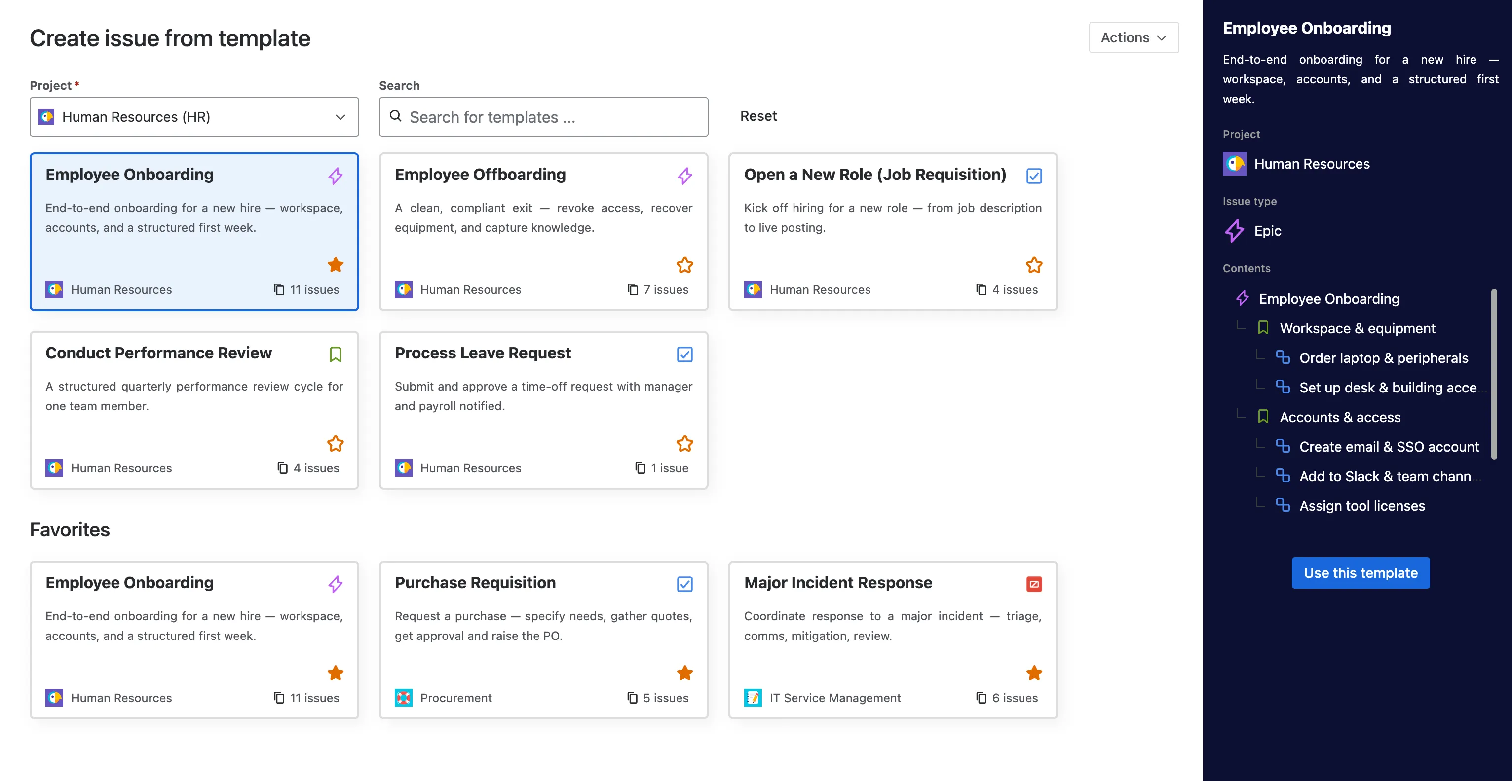 Template library with a selected template and its sub-task contents panel, launching a Jira issue template