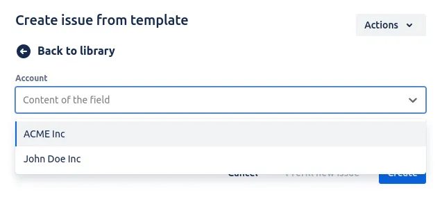 Template editor with the Tempo Account field set to Variable mode, Tempo Account variable in a Jira template
