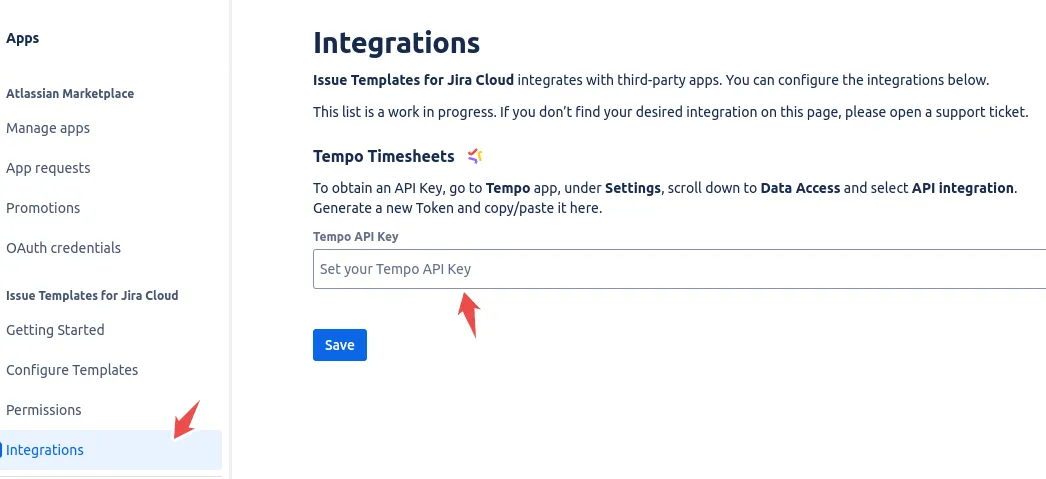 Tempo API Integration screen generating a new API token, Tempo API token for Jira templates