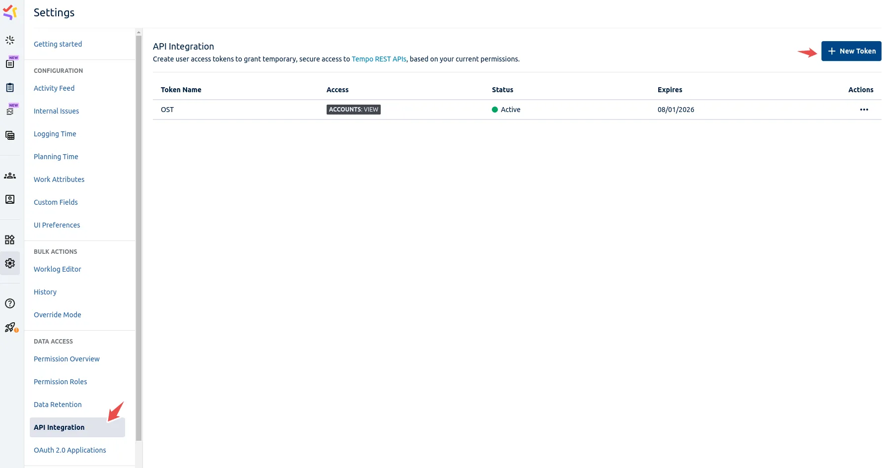 Tempo settings page with the Data Access section and API Integration option, Tempo API token setup