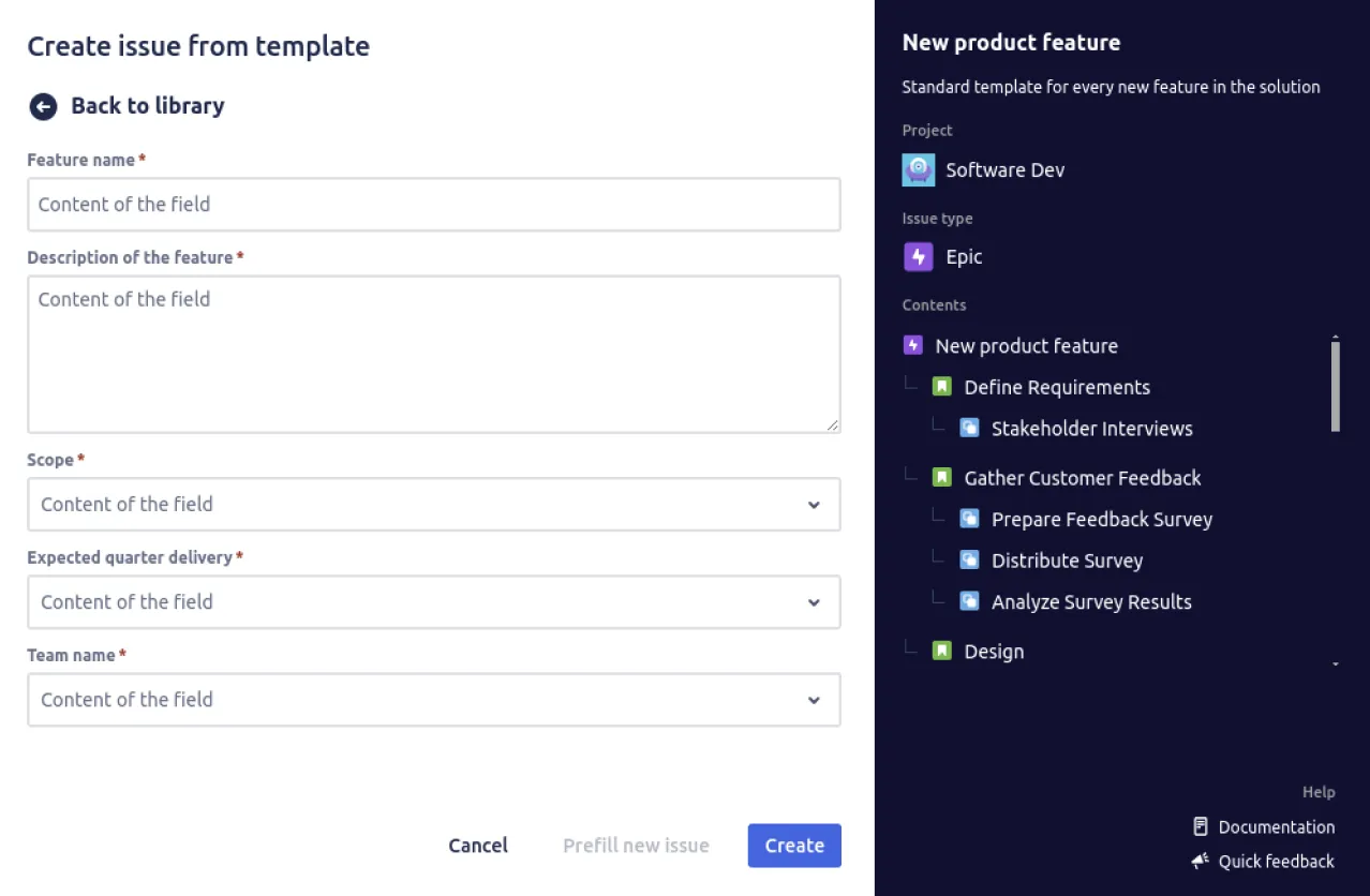 Issue creation screen with template-driven fields, Jira template variables filled at create time